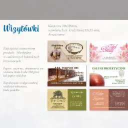 Kompilacja wizytówek różnych firm, prezentująca odmienne style i branże: hodowla koni, salon kosmetyczny, usługi CNC, protetyka, restauracja cateringowa i atelier fryzjerskie.