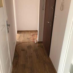 Budgro - Korytarz po ułożeniu drewnopodobnych paneli podłogowych, widoczny kabel elektryczny i gniazdko, białe ściany i drzwi.