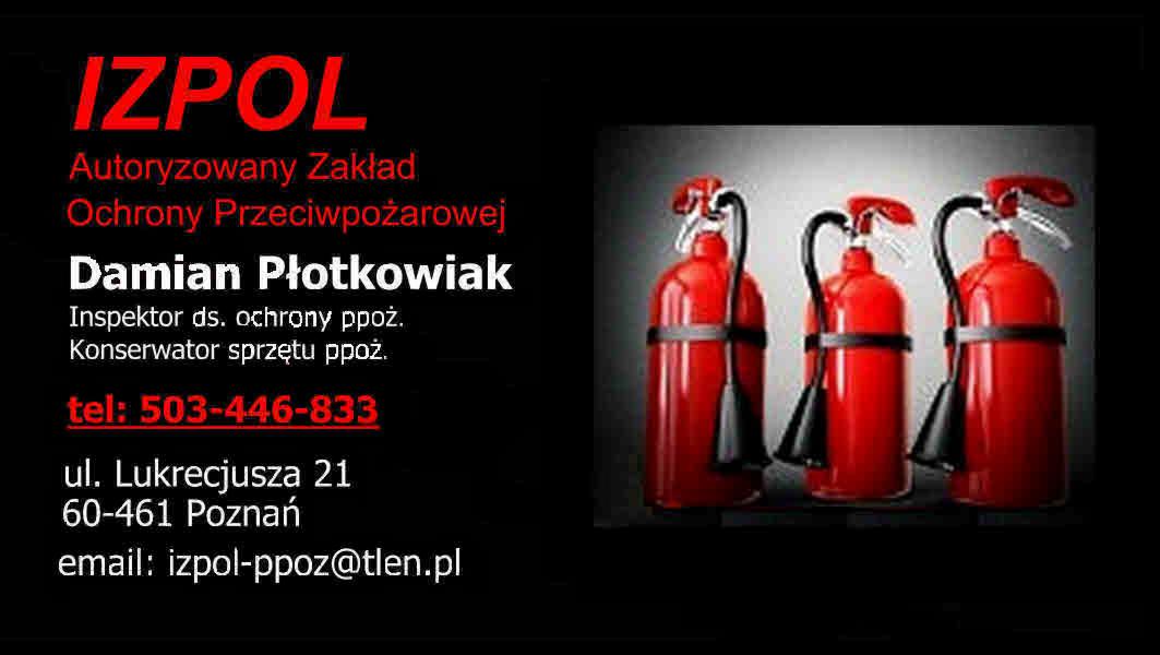Wizytówka firmy IZPOL, autoryzowanego zakładu ochrony przeciwpożarowej, z trzema czerwonymi gaśnicami w tle.