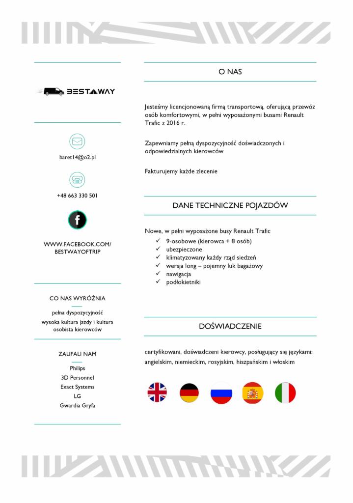 Ulotka reklamowa firmy Bestaway oferującej przewóz osób busami Renault Trafic, z informacjami kontaktowymi, danymi technicznymi pojazdów i językami obsługiwanymi przez kierowców.