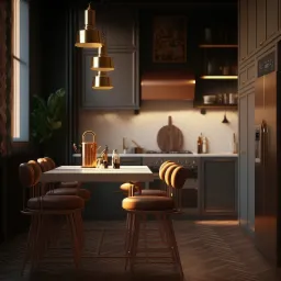 Elegancka kuchnia w odcieniach szarości i brązu z elementami złota, oświetlona wiszącymi lampami, z drewnianym parkietem ułożonym w jodełkę i stołem z krzesłami w stylu retro.