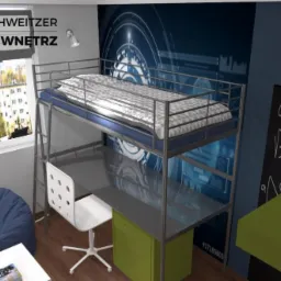 Wizualizacja pokoju młodzieżowego z łóżkiem na antresoli, biurkiem z zielonymi szufladami, krzesłem, pufą i tablicą z zapisanymi wzorami matematycznymi. Za łóżkiem widoczna tapeta z motywem...