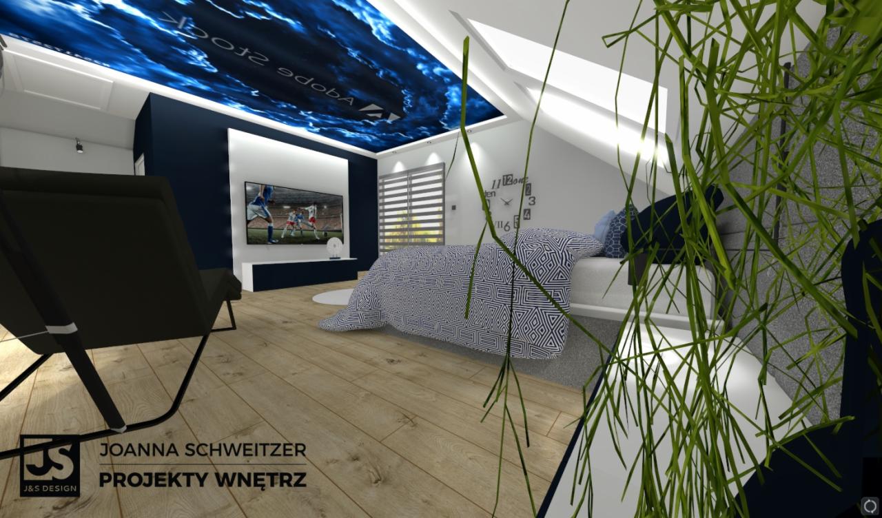 Wizualizacja sypialni na poddaszu w Rogoźniku z łóżkiem, telewizorem z motywem piłkarskim, designerskim fotelem i sufitem z efektem nieba.