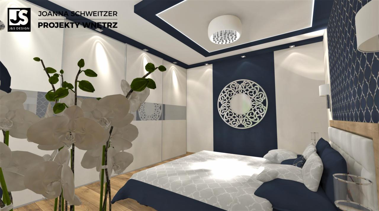 Wizualizacja sypialni w odcieniach bieli i granatu z dekoracyjnym lustrem nad łóżkiem, oświetleniem sufitowym i storczykami na pierwszym planie