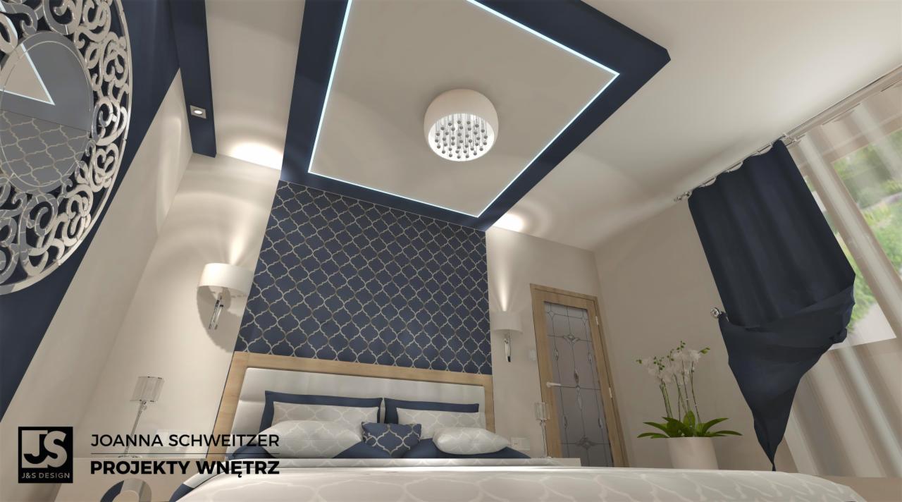 Wizualizacja sypialni z łóżkiem, tapetą w geometryczny wzór, okrągłym lustrem dekoracyjnym i podwieszanym sufitem z oświetleniem LED oraz centralnym żyrandolem.