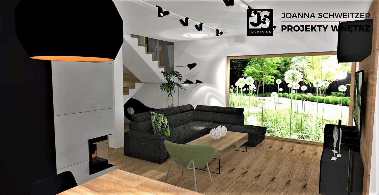 Wizualizacja salonu z narożną sofą, kominkiem i dużym oknem na ogród z dmuchawcami, oświetlenie punktowe na suficie i lampa podłogowa.