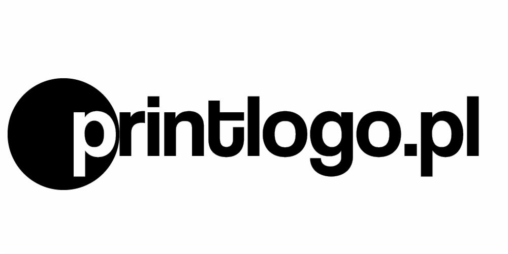 Logo firmy z Nowego Targu: printlogo.pl, czarny napis na białym tle z czarnym kołem po lewej stronie.