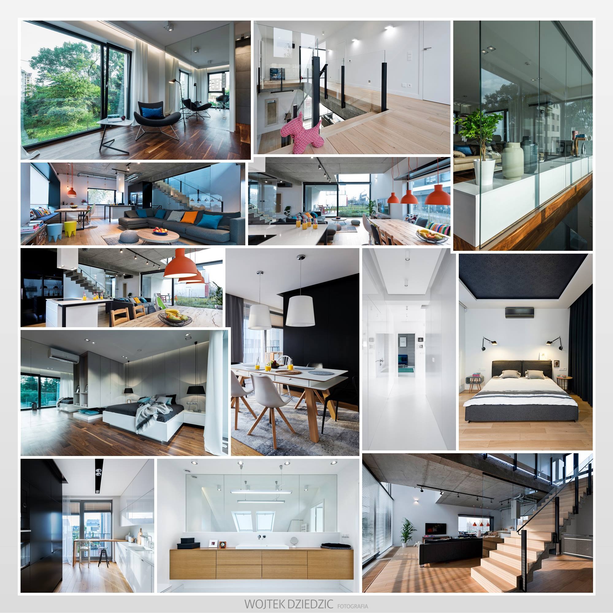 Kolaż z aranżacji wnętrz: salon z sofą i schodami, sypialnia z łóżkiem, jadalnia ze stołem i krzesłami, kuchnia z wyspą, minimalistyczny korytarz. Nowoczesny design.