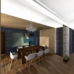 Nowoczesna jadalnia z drewnianym stołem, szarymi krzesłami i abstrakcyjnym obrazem na ścianie z ciemnej cegły, oświetlona dekoracyjnym żyrandolem.