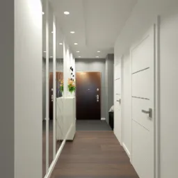 Wnętrze korytarza z drewnianą podłogą, białymi drzwiami i szafką z lustrami, oświetlone punktowo.
