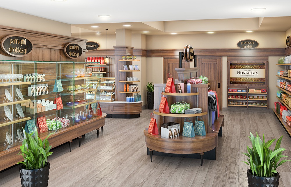 Wnętrze butiku z drewnianymi regałami i witrynami, eksponującymi drobne upominki i akcesoria, oświetlone ciepłym światłem.