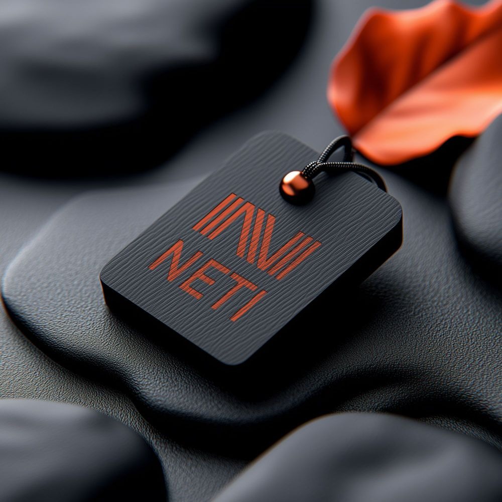 Czarna, teksturowana zawieszka z pomarańczowym logo 'NETI' i kulką na sznurku, leżąca na nierównym, ciemnym tle z pomarańczowym liściem w tle.