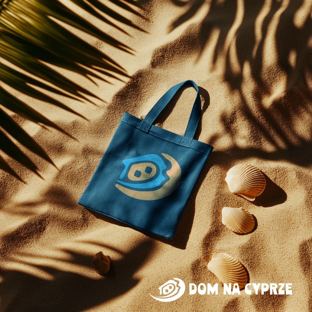 Niebieska torba z logo 'Dom na Cyprze' leży na piasku obok muszelek, w cieniu liścia palmy. Logo przedstawia dom wkomponowany w falę i słońce.
