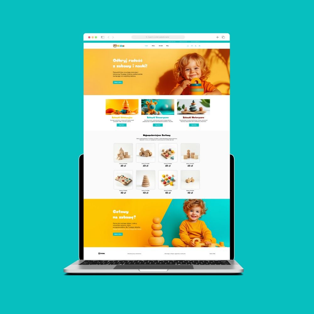 Laptop wyświetla projekt strony WWW sklepu z zabawkami Kidco, z jasną kolorystyką i motywem dziecięcym, prezentowany na tle turkusowym.