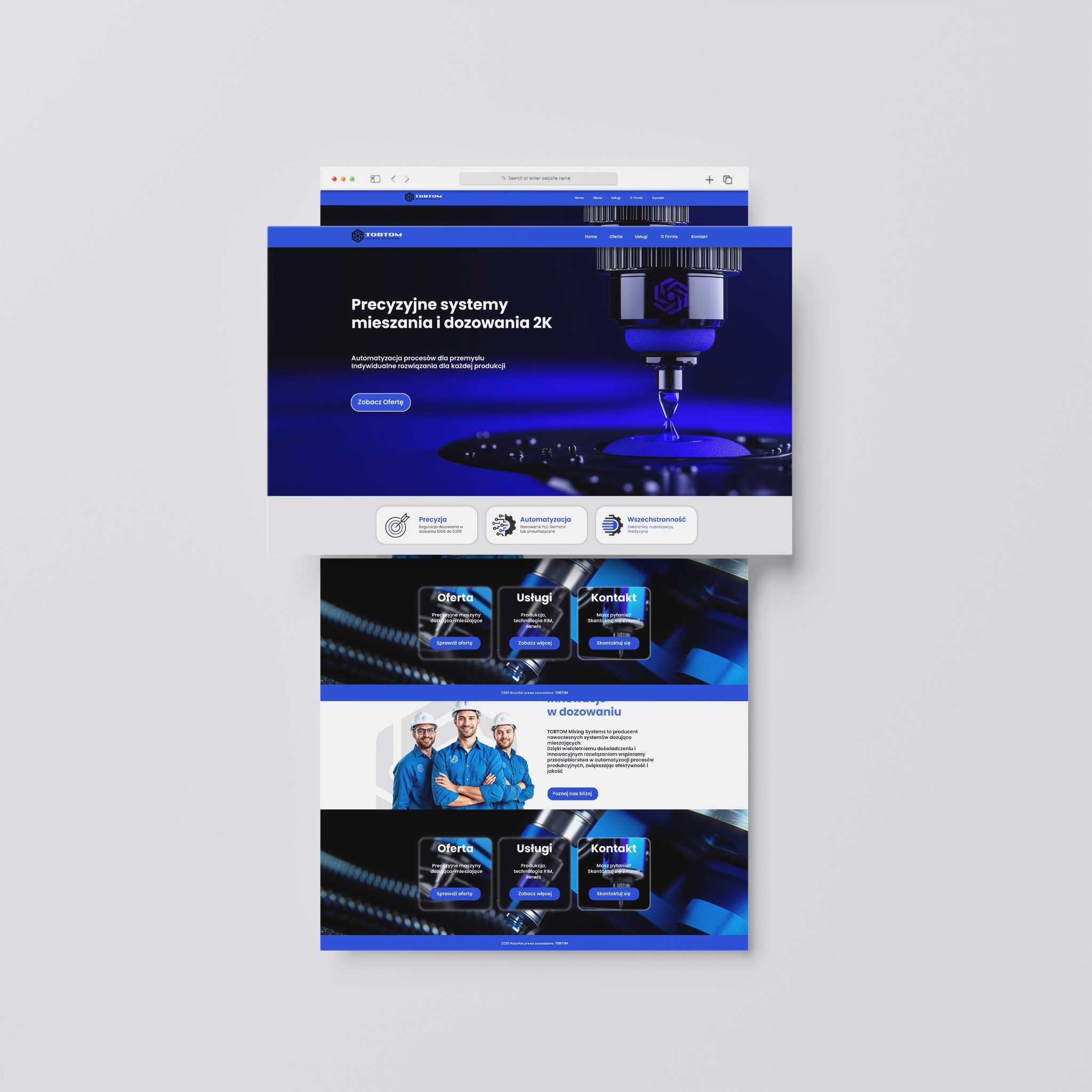 Prezentacja strony WWW TobTom w przeglądarce. Strona w odcieniach granatu i błękitu, z grafiką przedstawiającą precyzyjne systemy mieszania i dozowania 2K.