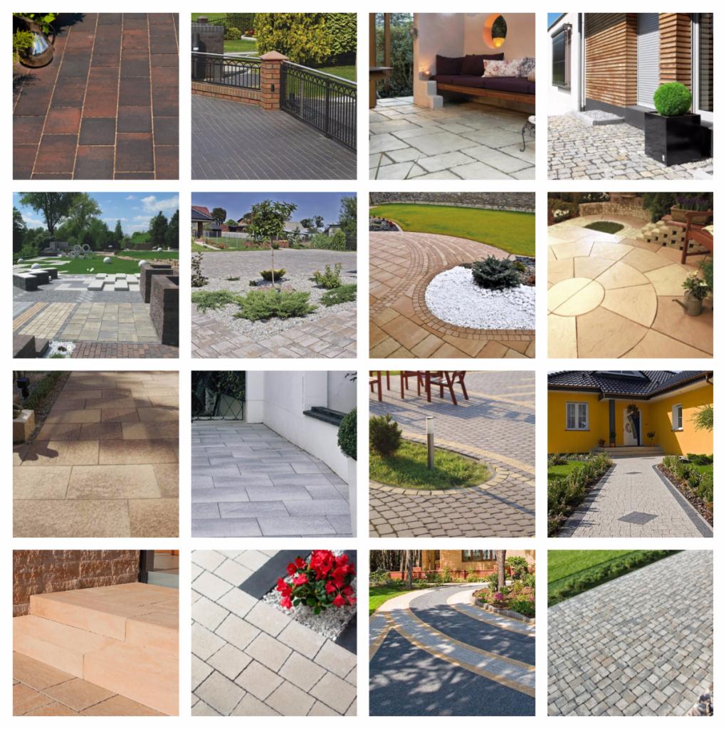 Kompozycja różnych typów nawierzchni: czerwono-brązowa kwadratowa, szara z balustradą, jasna z meblami ogrodowymi, mała szara kostka, szare płyty na trawniku, szara nawierzchnia z roślinami...