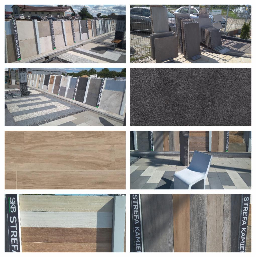 Ekspozycja różnych rodzajów nawierzchni zewnętrznych, w tym płytek imitujących drewno, oraz próbek kamienia, z widocznym napisem 'Strefa Kamienia' na niektórych elementach.