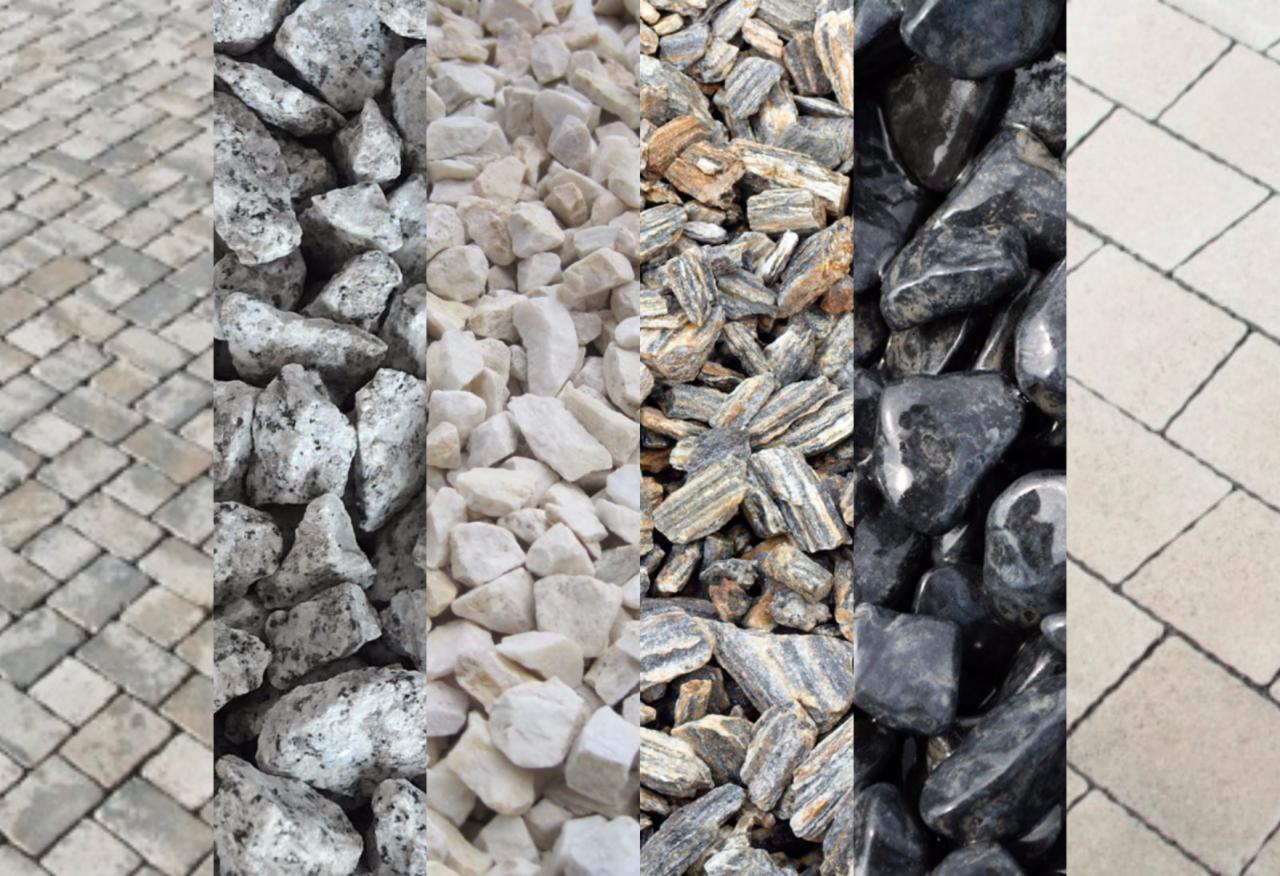 Kompozycja z bliska prezentująca różnorodne materiały wykończeniowe: beżowa kostka brukowa, szary granit, biały marmur, oraz czarne otoczaki.