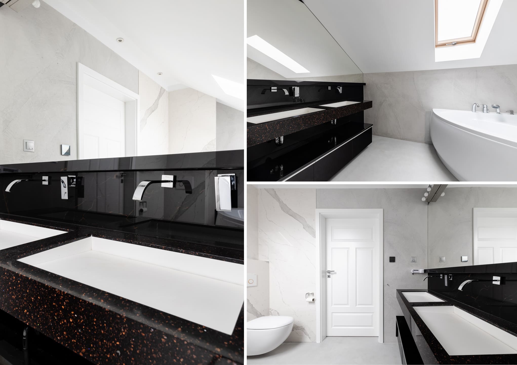 Nowoczesna łazienka z czarnym blatem, białymi umywalkami i armaturą. W tle wanna i toaleta. Minimalistyczny design, jasne ściany z marmurowym wzorem.