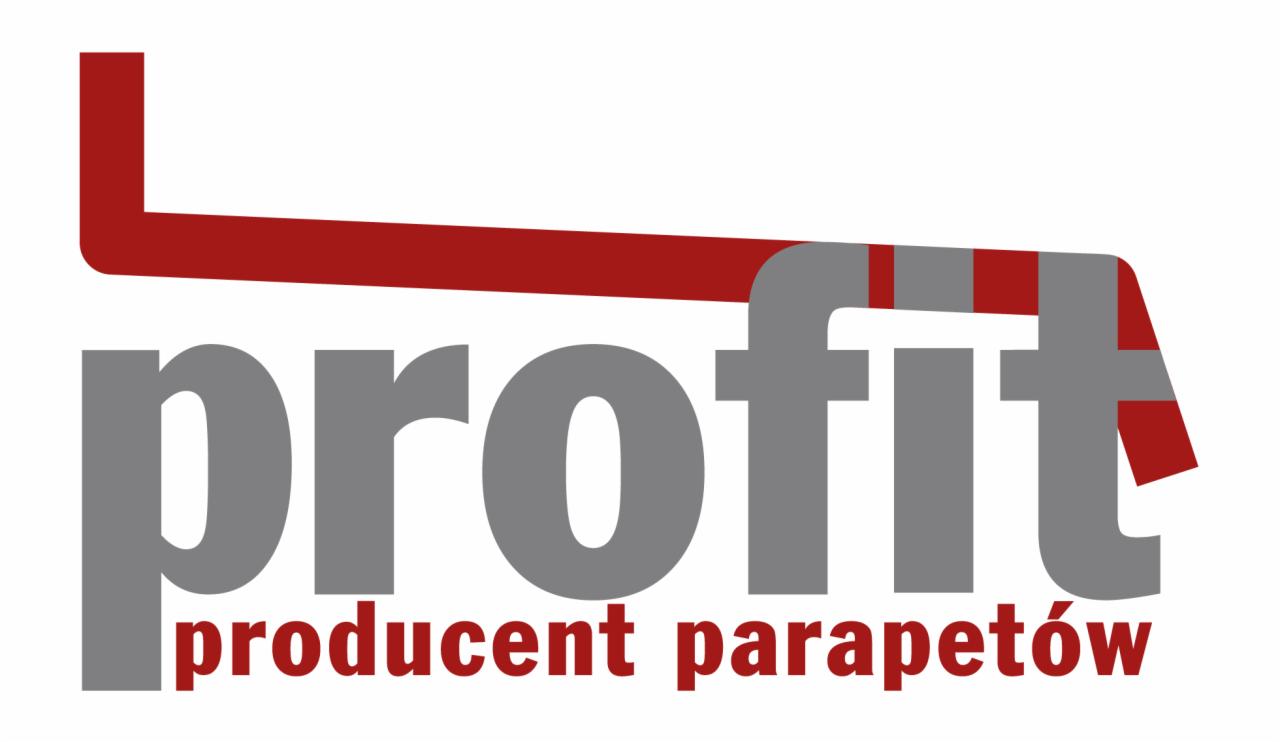Logo firmy 'Profit' z Cieszyna, producenta parapetów, z elementami graficznymi w kolorze szarym i czerwonym na białym tle.
