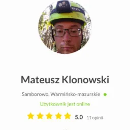 Profil użytkownika Fixly: Mateusz Klonowski z Samborowa, Warmińsko-Mazurskie. Zdjęcie portretowe w kasku z lampą czołową, ocena 5.0 (11 opinii).