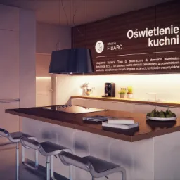 Wizualizacja nowoczesnej kuchni z wyspą, oświetleniem podszafkowym i wiszącą lampą Fibaro. Na blacie wyspy leżą książki i miska z gruszkami.