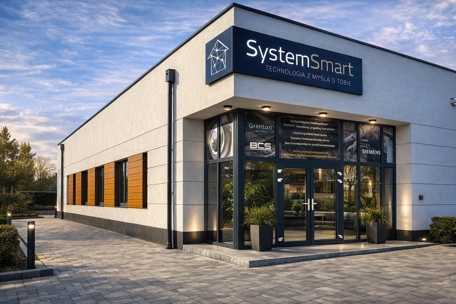 Nowoczesny budynek firmy SystemSmart z logo i hasłem 'Technologia z myślą o Tobie'. Widoczne okna z reklamami partnerów i zadbany chodnik.
