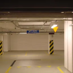 Oznakowane stanowiska w hali garażowej z betonową posadzką, kolumny zabezpieczone czarno-żółtymi pasami, widoczny znak 'Wyjazd'.