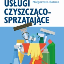 Ilustracja przedstawiająca wiadro z akcesoriami do sprzątania, w tym mop, szczotki, rękawice i różne środki czystości, umieszczona pod napisem 'Kompleksowe Usługi Czyszcząco-Sprzątające Małgorzata...