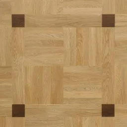 Jasny parkiet ułożony we wzór kwadratów z ciemnymi, kontrastującymi akcentami w rogach każdego kwadratu, widoczne słoje drewna.