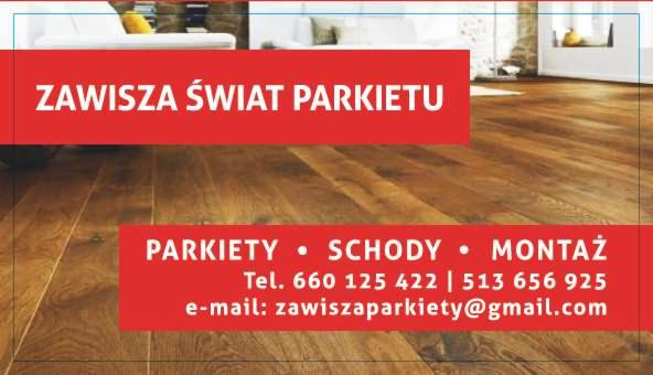 Zdjęcie reklamowe firmy parkieciarskiej Zawisza Świat Parkietu, prezentujące ułożony parkiet w pomieszczeniu z sofą w tle, z widocznymi danymi kontaktowymi firmy.