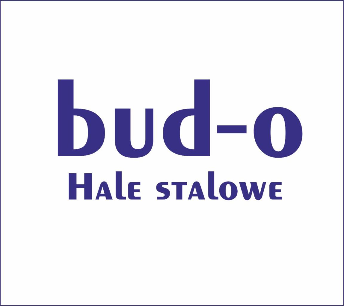 Logo firmy budowlanej z napisem 'bud-o' i pod spodem 'HALE STALOWE' w kolorze granatowym na białym tle.