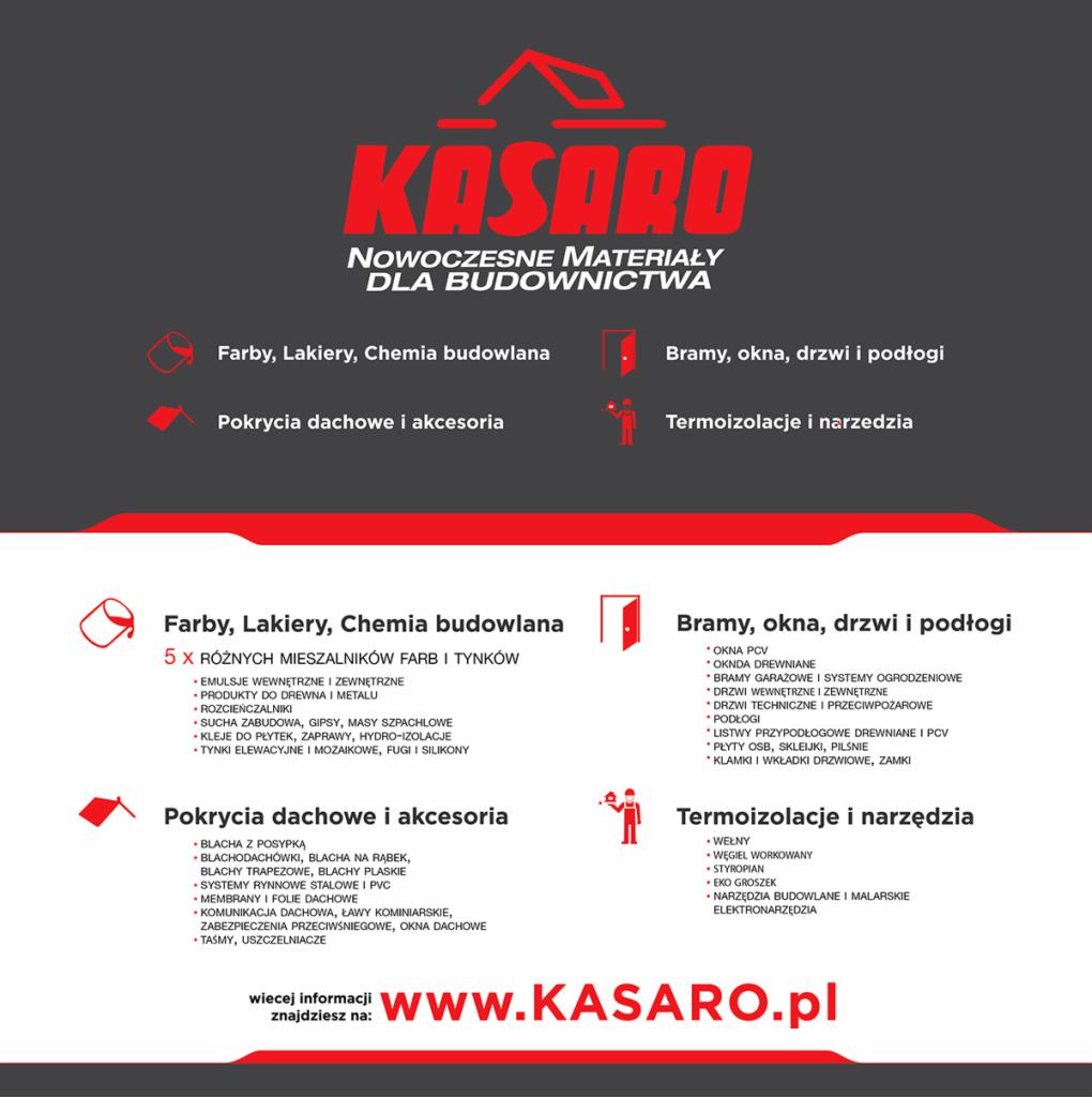 Grafika reklamowa firmy Kasaro prezentująca szeroki asortyment materiałów budowlanych, w tym farby, pokrycia dachowe, bramy, okna, drzwi, podłogi, termoizolacje i narzędzia.