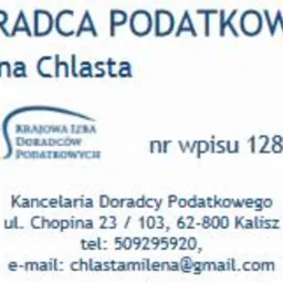 Wizytówka z napisem 'Doradca Podatkowy Milena Chlasta', logo Krajowej Izby Doradców Podatkowych, numer wpisu 12894 oraz dane kontaktowe: adres, telefon i e-mail.