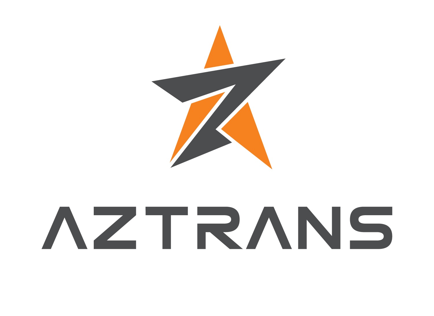 Logo firmy AZTRANS z abstrakcyjną gwiazdą w kolorach szarym i pomarańczowym nad napisem.