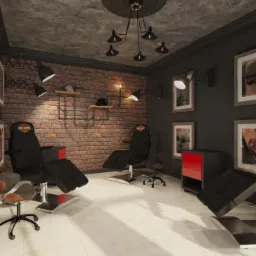 Wnętrze studia tatuażu z dwoma czarnymi fotelami, ceglaną ścianą z półkami, szarą ścianą z obrazami, i designerską lampą sufitową.