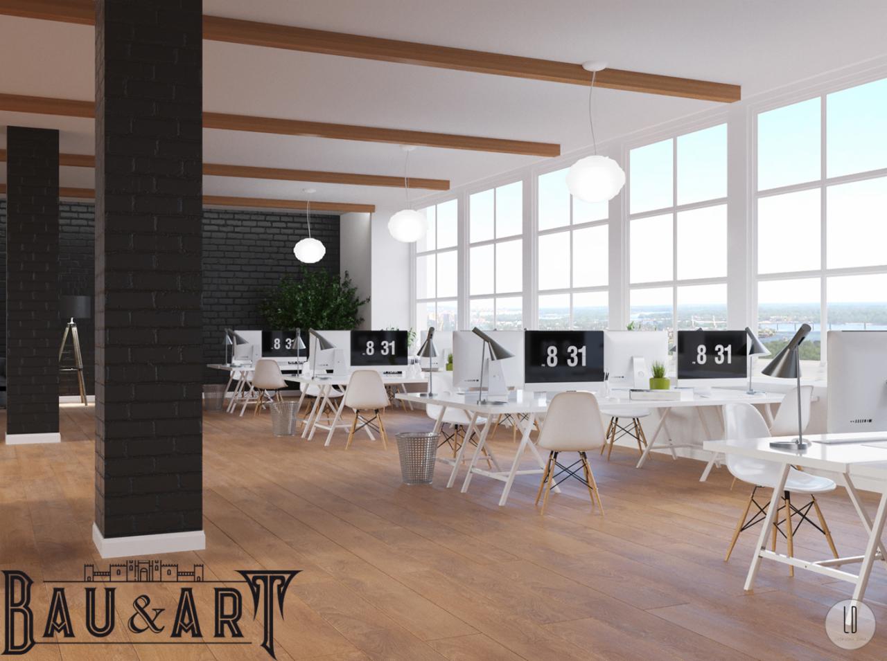 Jasne, nowoczesne biuro z białymi biurkami, krzesłami i komputerami z czarnymi monitorami ustawionymi na 8:31, drewniane belki stropowe, duże okna z widokiem na miasto, kolumna z czarnej cegły...