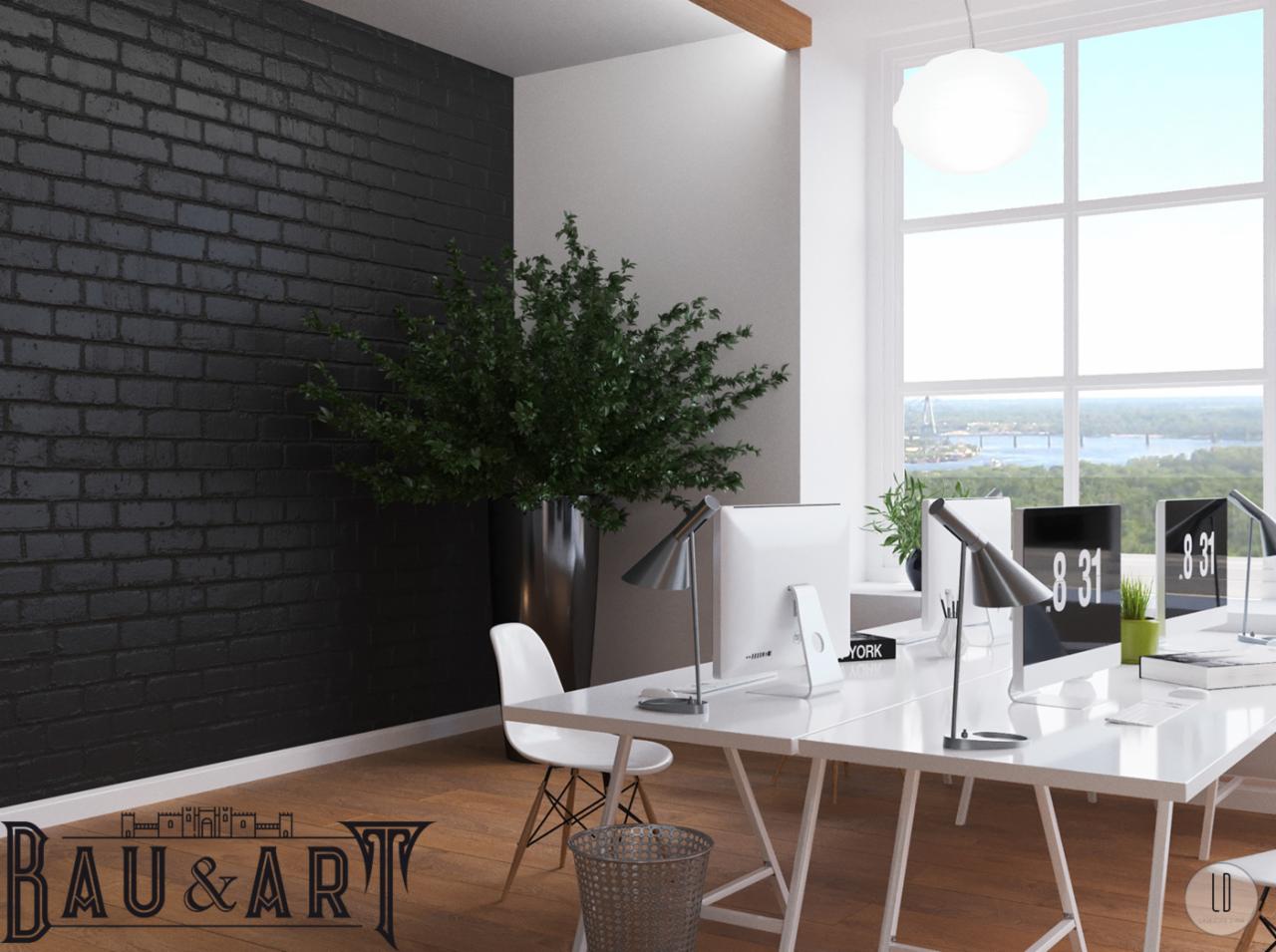 Wizualizacja nowoczesnego biura z czarną ścianą z cegły, białymi biurkami, komputerami z ekranami wyświetlającymi godzinę 8:31, rośliną w metalowej donicy i dużym oknem z widokiem na rzekę.