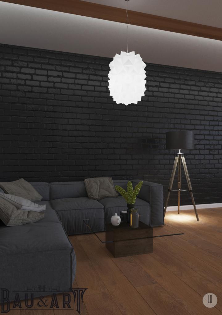 Nowoczesny salon z ciemną ceglaną ścianą, szarą sofą narożną, geometryczną lampą wiszącą i drewnianą podłogą, oświetlony lampą podłogową na trójnogu.