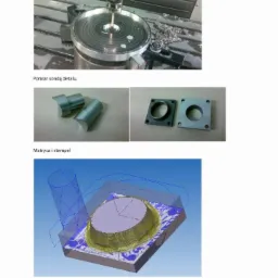 Pomiar sondą detalu na obrabiarce CNC, obok leżą metalowe elementy i wizualizacja 3D obróbki