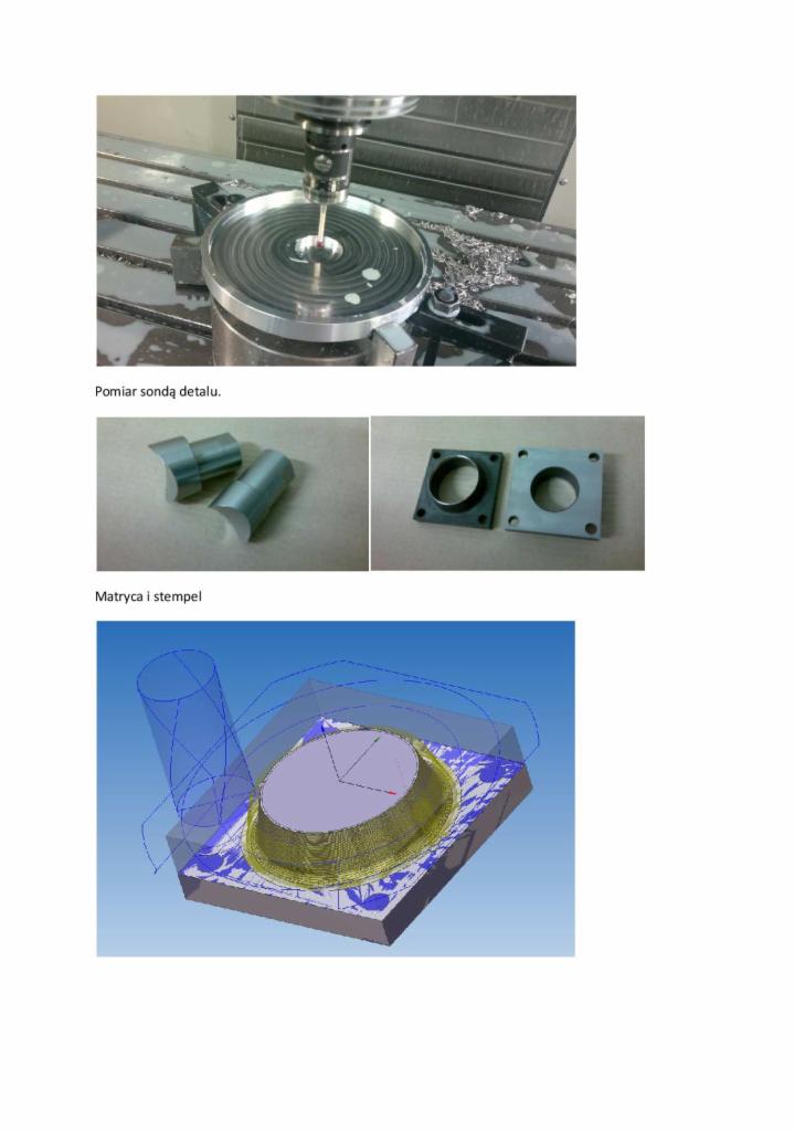Pomiar sondą detalu na obrabiarce CNC, obok leżą metalowe elementy i wizualizacja 3D obróbki