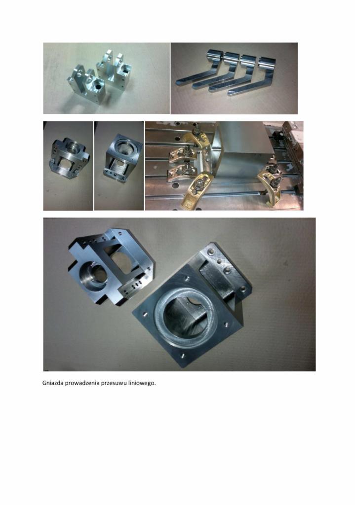 Zestawienie różnych ujęć metalowych komponentów: uchwyty w rzędzie, elementy mocujące z brązu w maszynie oraz dwa gniazda prowadzenia przesuwu liniowego o kwadratowej podstawie, wykonane...