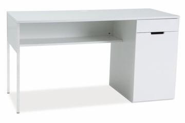 Białe biurko na wymiar z szufladą i półką, minimalistyczny design, widoczne na białym tle, z delikatnym cieniem.