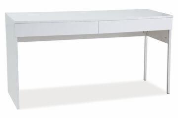 Białe biurko z dwiema szufladami, minimalistyczny design, widok z boku na białym tle.