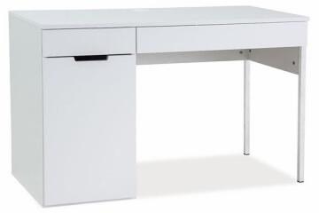 Białe biurko z szufladami i szafką, minimalistyczny design, proste nogi, widoczne metalowe mocowania.