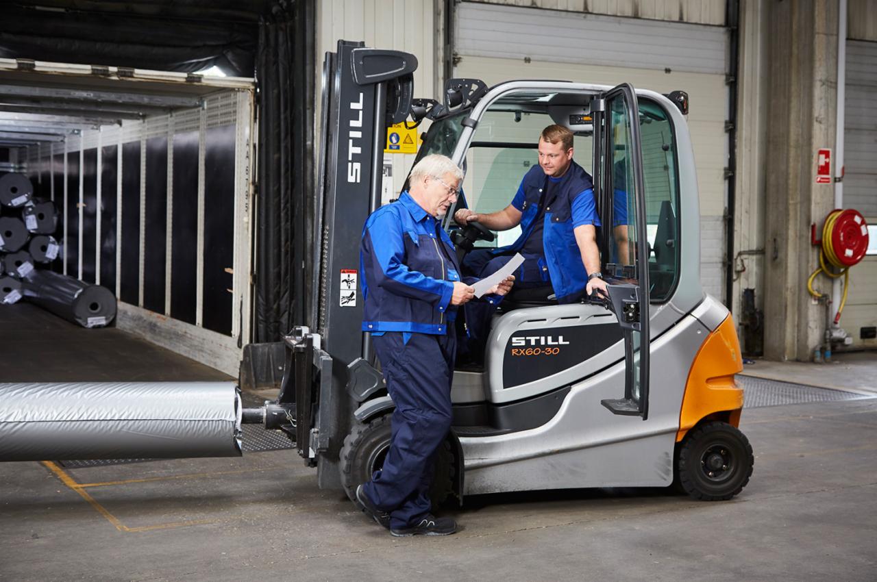 Dwóch mężczyzn w uniformach obsługuje wózek widłowy Still RX60-30 podczas załadunku rolki materiału do kontenera, analizując dokumentację.