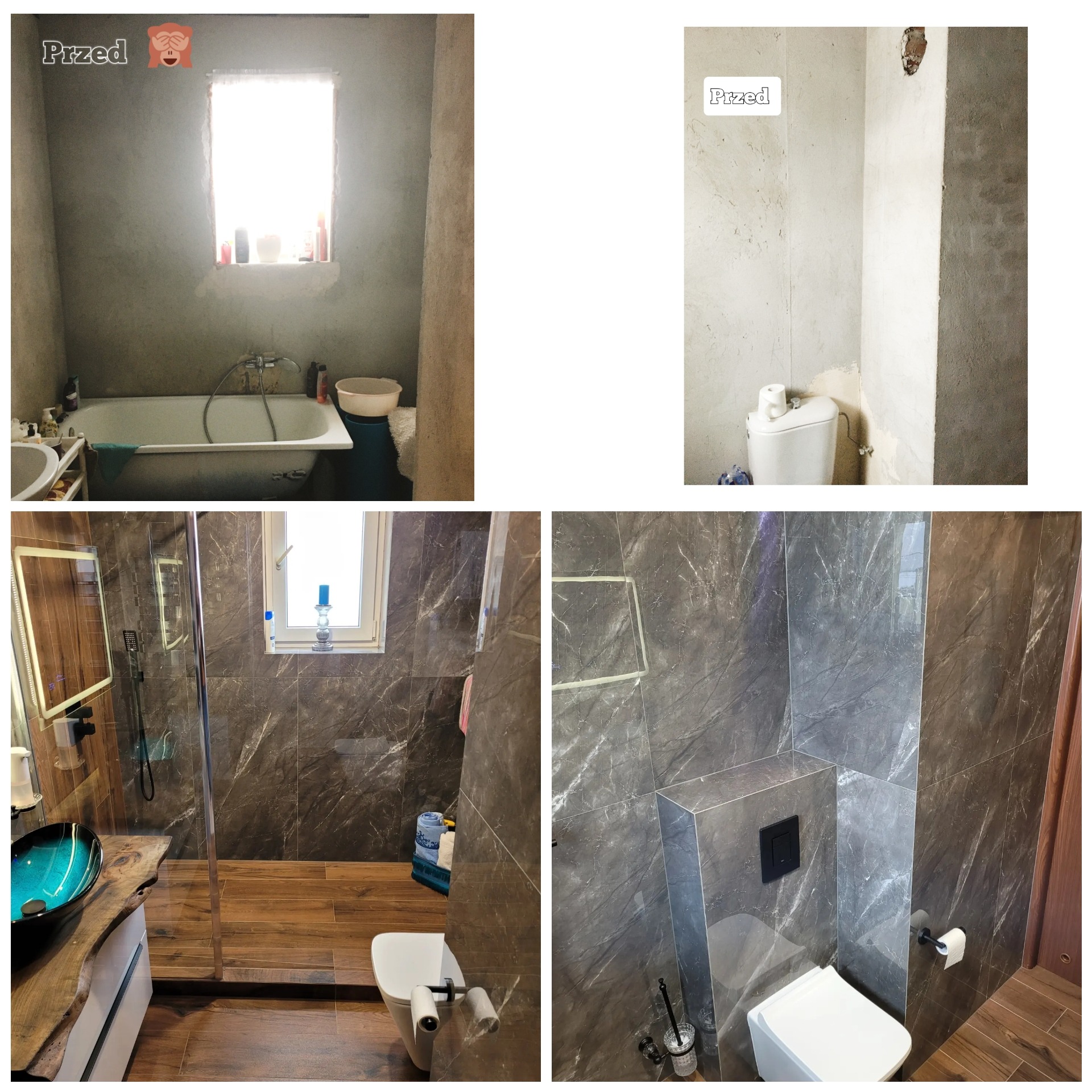 Kolaż zdjęć prezentujący metamorfozę łazienki: od surowych ścian i starej armatury do nowoczesnego wystroju z szarymi płytkami imitującymi marmur, drewnopodobną podłogą i oryginalną umywalką...