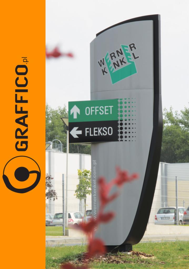 Pylon reklamowy z logo firmy Werner Kenkel i oznaczeniami kierunków do działów Offset i Flekso, widok z perspektywy trawnika przed budynkiem.