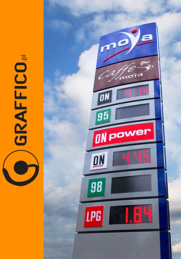 Pylon cenowy stacji paliw Moya z logotypem i aktualnymi cenami paliw wyświetlanymi na czerwonych diodach, na tle błękitnego nieba z chmurami.