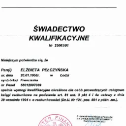 Skan Świadectwa Kwalifikacyjnego Ministerstwa Finansów dla Elżbiety Pełczyńskiej, uprawniającego do usługowego prowadzenia ksiąg rachunkowych, wydanego w Warszawie, z pieczęcią i podpisem.